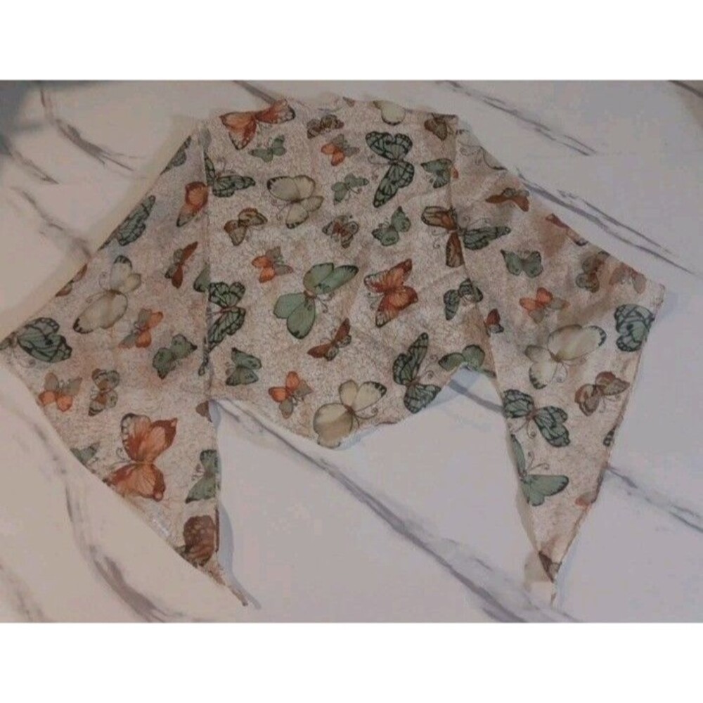 Vintage Womens Diamond Scarf Butterfly Nature Boho Artsy Lightweight 14x40